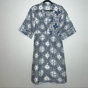 Disaya Semi Sheer Blue White Print Button Dress